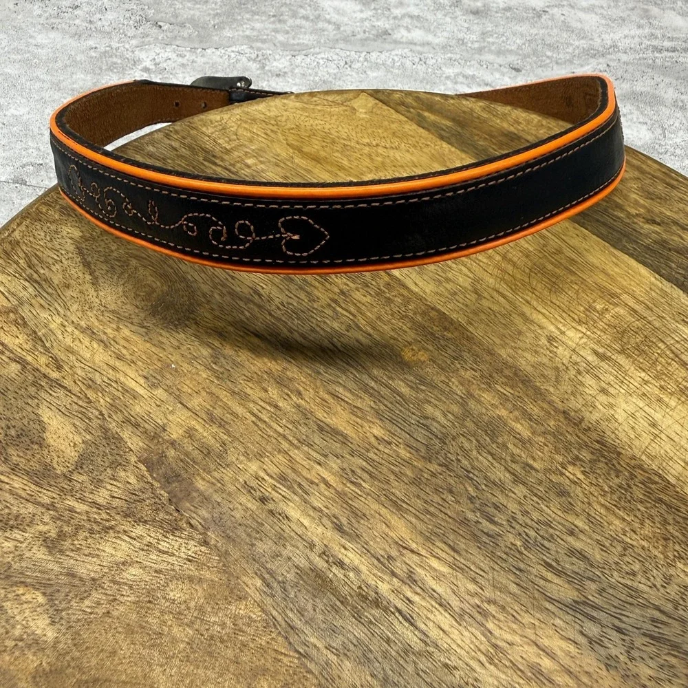 Panhandle Slim Western Belt 30 Black Leather Heart Stitch Orange Trim Buckle